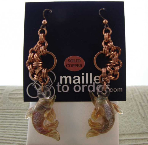 Copper Half Moon Earrings with Lampwork Dolphins
